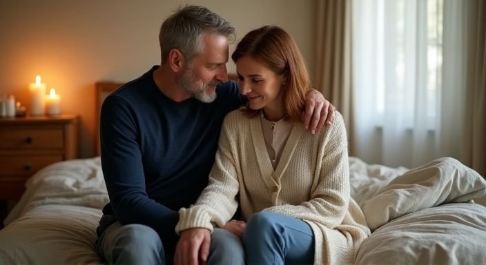 Een intiem moment tussen een man en een vrouw op bed tijdens hunrijpe vrouwen sexcontact in Brussel.