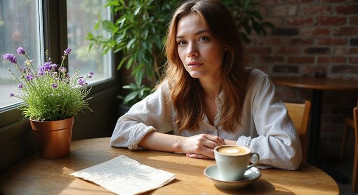 Een gezellige café-interieur met een brief, bloemen en cappuccino.
