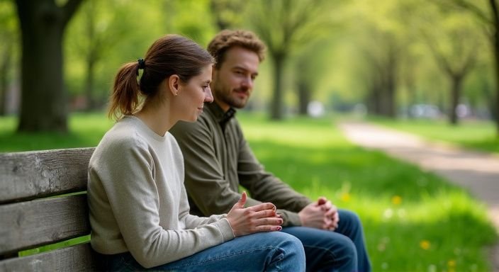 Een man en vrouw zitten samen op een bank in een park.