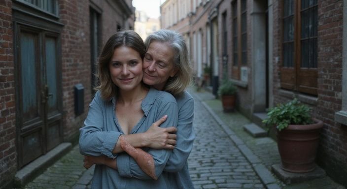 Een vrouw omarmt haar jongere partner in een smalle steeg.