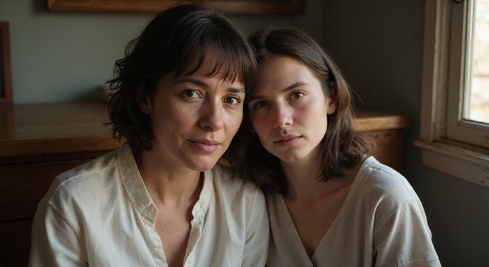 Een vrouw in haar veertig en een jongere persoon delen een intiem moment.