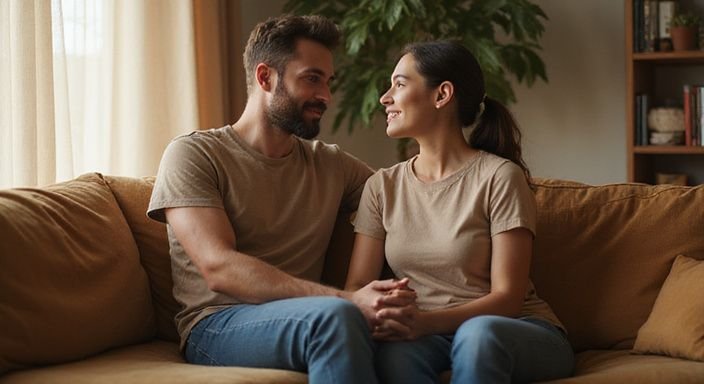 Twee volwassenen zitten op een bank en genieten van een gesprek over rijpe vrouwen sexcontact Gent.