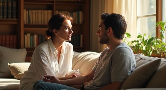 Een volwassen vrouw in gesprek over rijpe vrouwen sexcontact in Gent met een jongere man in een woonkamer.