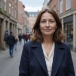 Een vrouw in een navy wollen jas staat op een levendige straat