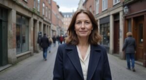 Een vrouw in een navy wollen jas staat op een levendige straat