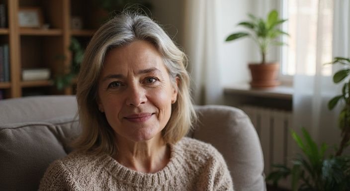 Een vrouw in haar vijftiger jaren, ontspannen tijdens een videogesprek.