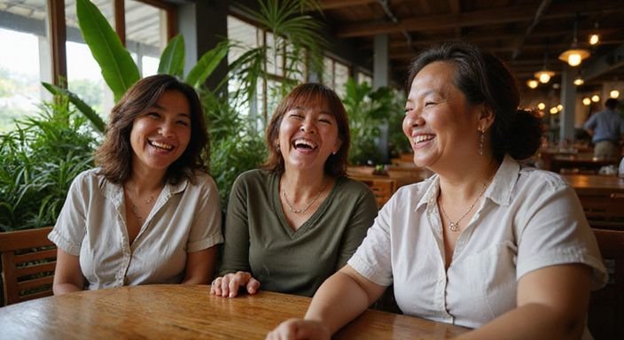 Een groep lachende vrouwen geniet samen van een maaltijd in een restaurant.