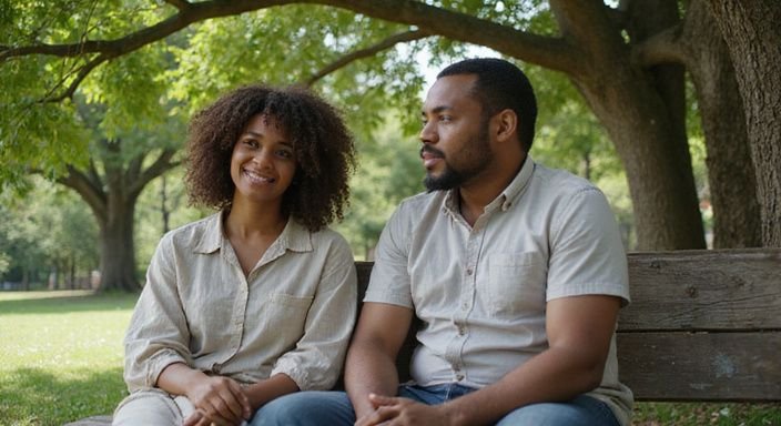 Een man en een vrouw zitten ontspannen op een houten bank in het park en hebben Surinaamse vrouwen sexdating.