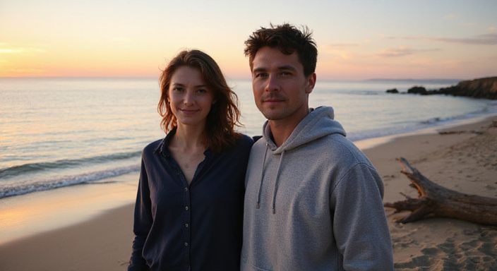 Een man en vrouw staan samen op een rustige strand bij zonsondergang. Een man en vrouw staan samen op een rustige strand bij zonsondergang.