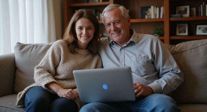 Een volwassen paar zit samen op een bank en bekijkt een datingsite. Een volwassen paar zit samen op een bank en bekijkt een datingsite voor mature sexdating.