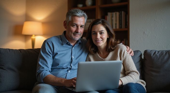 Een vrouw en man kijken samen naar een laptop op de bank. Een vrouw en man kijken samen naar een laptop met profielen voor mature sexdating op de bank.