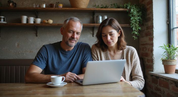 Een stel in hun vijftiger jaren werkt samen aan een laptop. Een stel in hun vijftiger jaren werkt samen aan een laptop op zoek naar mature sexdating.