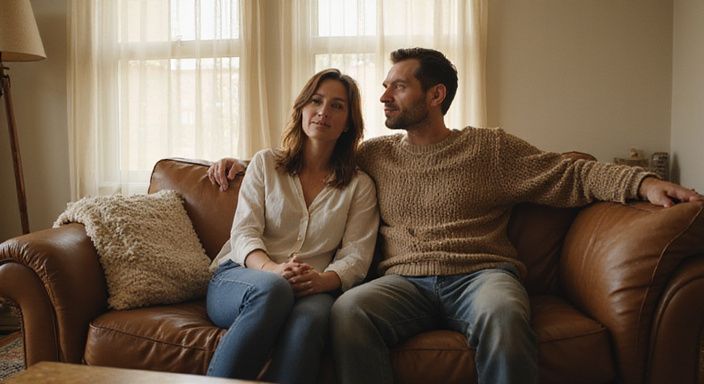 Een ontspannen moment van twee mensen in een huiselijke woonkamer. Een ontspannen moment van twee mensen in een huiselijke woonkamer.