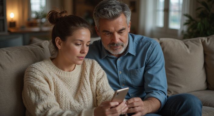 Een middel ouder echtpaar deelt een intieme, aandachtige moment op de bank. Een middel ouder echtpaar deelt een intieme, aandachtige moment op de bank.