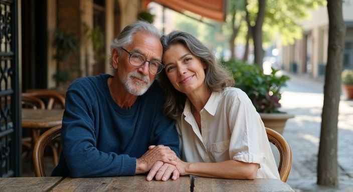 Een ouder echtpaar geniet van elkaars gezelschap aan een café tafel. Een ouder echtpaar geniet van elkaars gezelschap aan een café tafel tijdens hun mature sexdating.