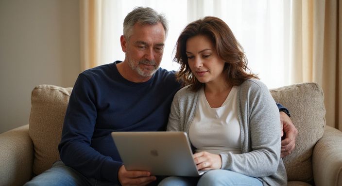 Een man en vrouw zitten samen op een bank met een laptop. Een man en vrouw zitten samen op een bank met een laptop en willen mature sexdating.
