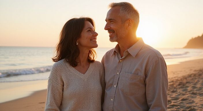 Een middelbare vrouw en man omhelzen elkaar op het strand. Een middelbare vrouw en man omhelzen elkaar op het strand.