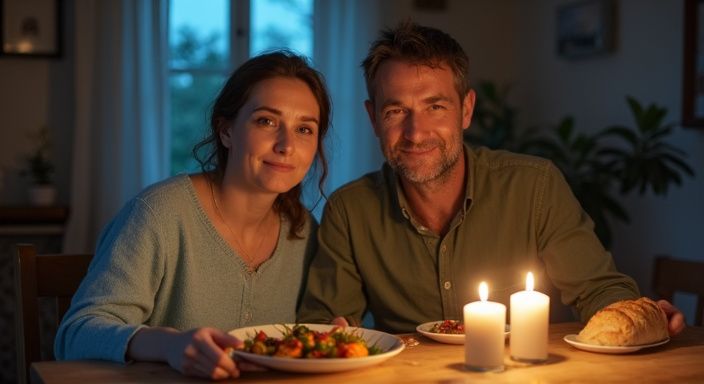Een stel geniet van een eenvoudige maaltijd aan hun houten tafel. Een stel geniet van een eenvoudige maaltijd aan hun houten tafel.