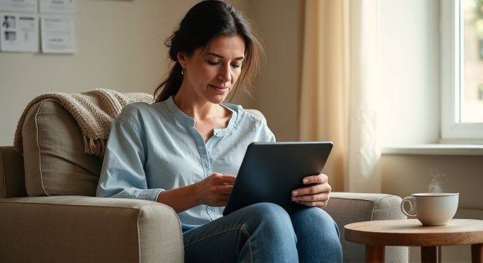 Een vrouw van begin 50 is geconcentreerd op een datingapp. Een vrouw van begin 50 is geconcentreerd op een datingapp.