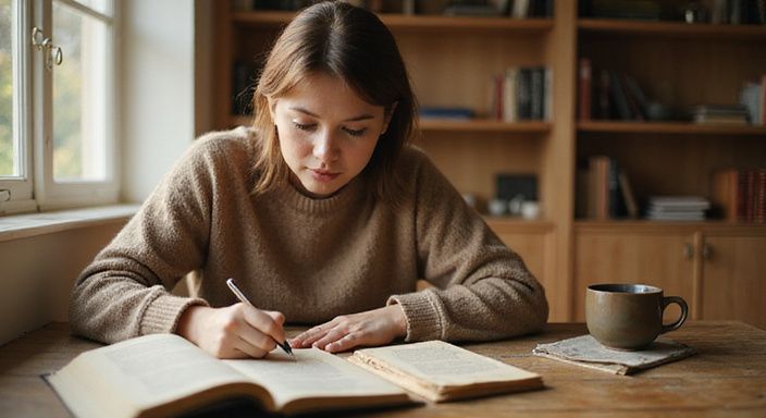 Een vrouw schrijft geconcentreerd aan een bureau vol boeken. Een vrouw schrijft geconcentreerd aan een bureau vol boeken.