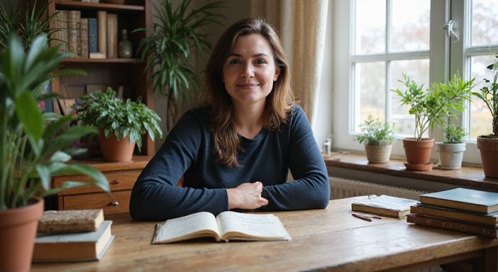 Een vrouw in de veertig, ontspannen achter een houten bureau. Een vrouw in de veertig, ontspannen achter een houten bureau.