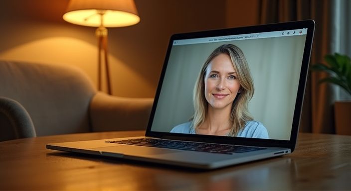 Een open laptop toont een datingprofiel van een vrouw in de 50. Een open laptop toont een datingprofiel van een vrouw in de 50.