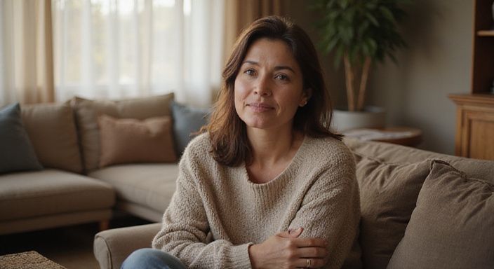 Een vrouw in een comfortabele woonkamer, engaged in gesprek. Een vrouw in een comfortabele woonkamer, engaged in gesprek over online sexdating met oudere vrouwen.