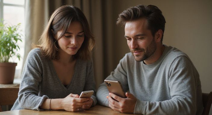 Een vrouw en man genieten van een intiem moment met smartphones. Een vrouw en man genieten van een intiem moment met smartphones en willen online sexdating met oudere vrouwen.