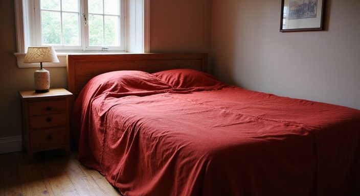 Een bescheiden slaapkamer met een rood beddengoed en een houten vloer. Een bescheiden slaapkamer met een rood beddengoed en een houten vloer.