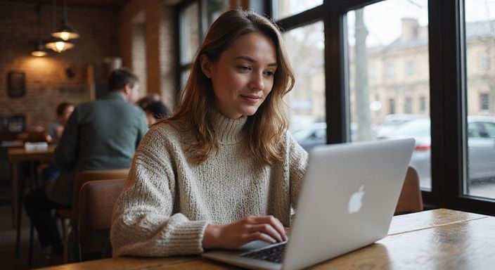 Vrouw scrollt door datingsites in een gezellige koffiezaak. Vrouw scrollt door datingsites voor online sexdating met oudere vrouwen in een gezellige koffiezaak.