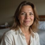 Vrouw in slaapkamer, ontspannen houding met een oprechte glimlach