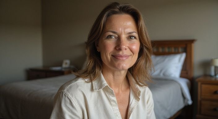 Vrouw in slaapkamer, ontspannen houding met een oprechte glimlach