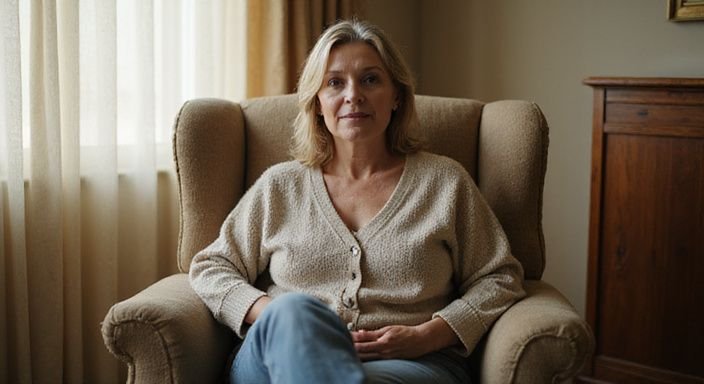 Een vrouw in een comfortabele stoel in een uitnodigende woonkamer.