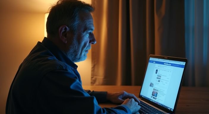 Een man zoekt op zijn laptop naar oudere vrouwen gratis sexafspraakjes.