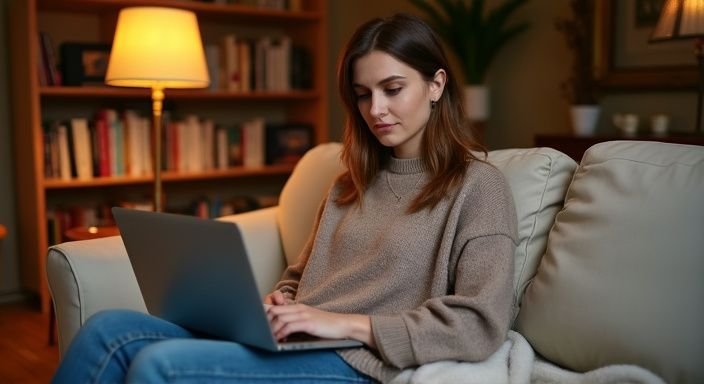Vrouw in comfortabele setting met laptop en boeken op achtergrond.
