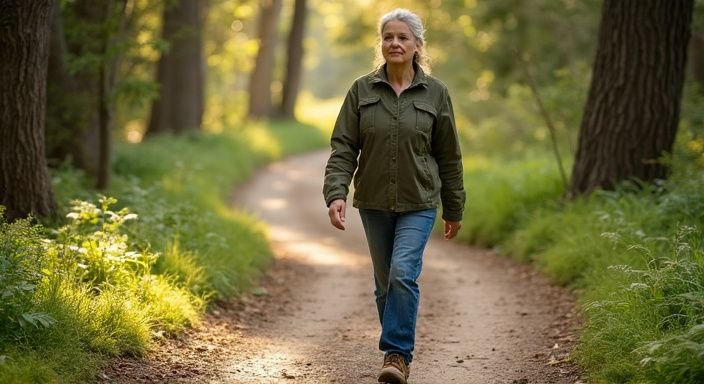 Een oudere vrouw wandelt zelfverzekerd op een onverharde natuurpad.