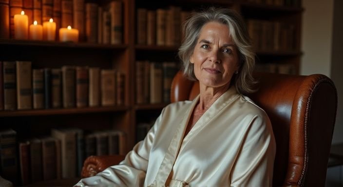 Een vrouw in haar vijftiger jaren zit rustig in een leren stoel.