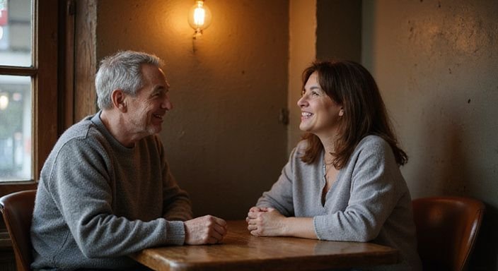 Een oudere man en een vrouw delen een intiem gesprek over rijpe vrouwen zoeken sexcontact in een café.