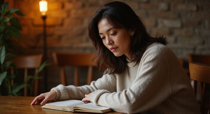 Een middelbare vrouw leest aandachtig een paperback in een café.