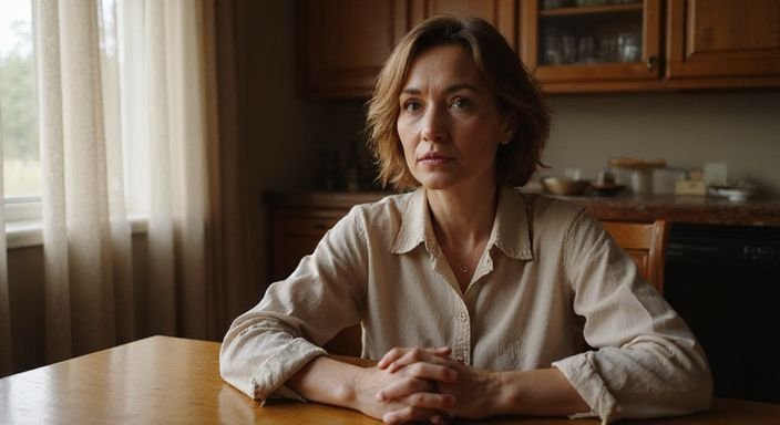 Een vrouw van middelbare leeftijd zit contemplatief aan de eettafel.