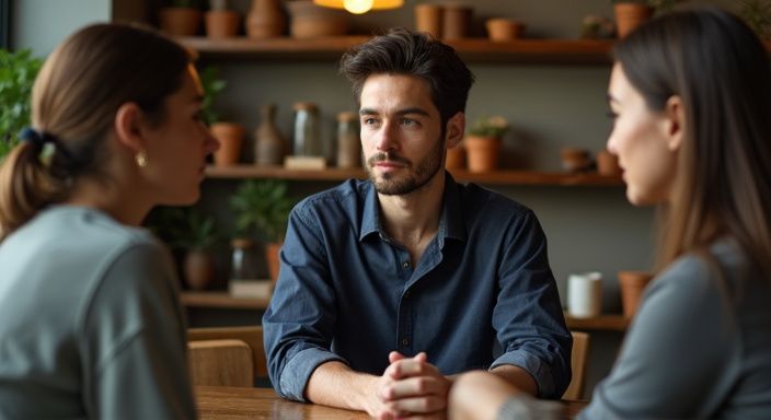 Een man in een koffiebar heeft een intieme conversatie over tips daten oudere vrouwen.