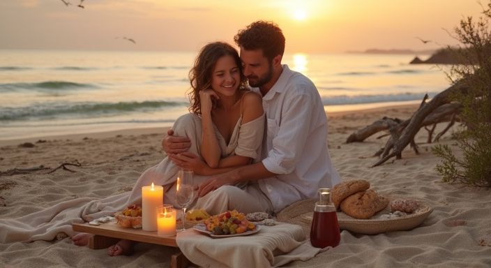 Een romantisch strandpicknick met kaas, wijn en kaarsen.