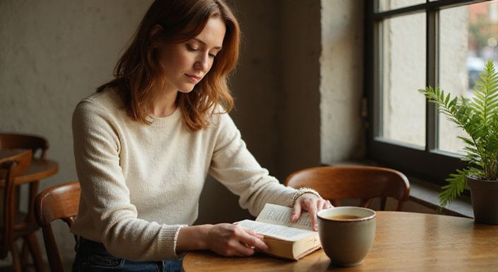 Een middle-aged vrouw leest een boek aan een houten tafel.
