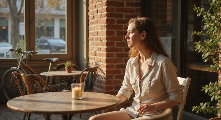 Een ontspannen gesprek op een zonnig caféterras met vintage elementen.