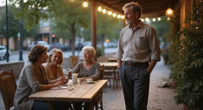 Een man nadert een groep vrouwen aan een houten tafeltje. waarom daten met een milf? Een man nadert een groep vrouwen aan een houten tafeltje.
