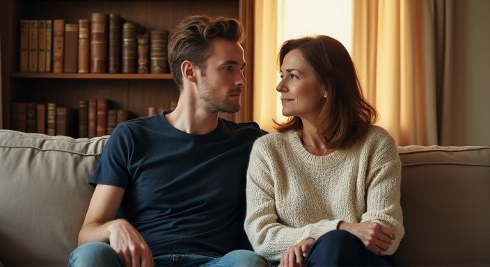 Een jongeman en een vrouw zitten dichtbij voor een intiem gesprek. Een jongeman en een vrouw zitten dichtbij voor een intiem gesprek over waarom daten met een milf.