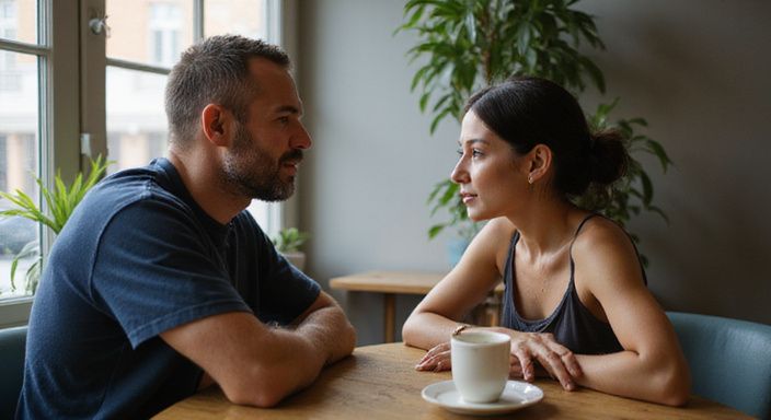 Een man en vrouw delen een intiem gesprek in een café. Een man en vrouw delen een intiem gesprek over waarom daten met een milf in een café.