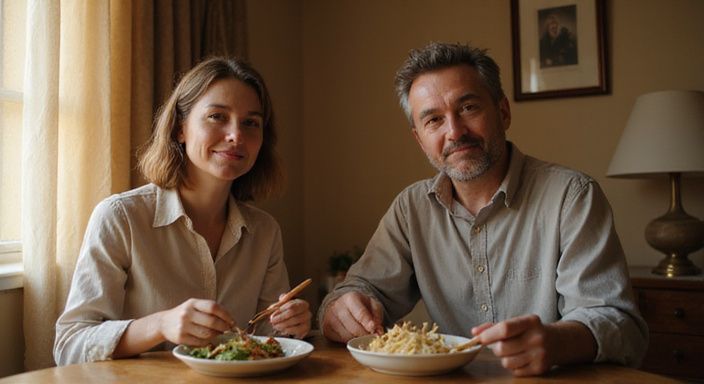 Een man en vrouw delen een bescheiden maaltijd aan tafel. Een man en vrouw delen een bescheiden maaltijd aan tafel.