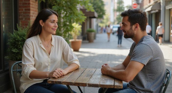 Een vrouw en een man hebben een intieme conversatie aan een cafétafel. Een vrouw en een man hebben een intieme conversatie over waarom daten met een milf aan een cafétafel.