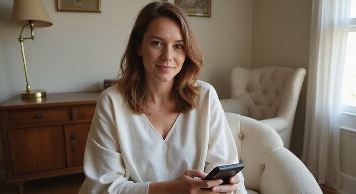 Een vrouw in een comfortabele kamer met een smartphone en glimlach. Een vrouw in een comfortabele kamer met een smartphone zoekt een oudere vrouwen sexcontact in Amsterdam